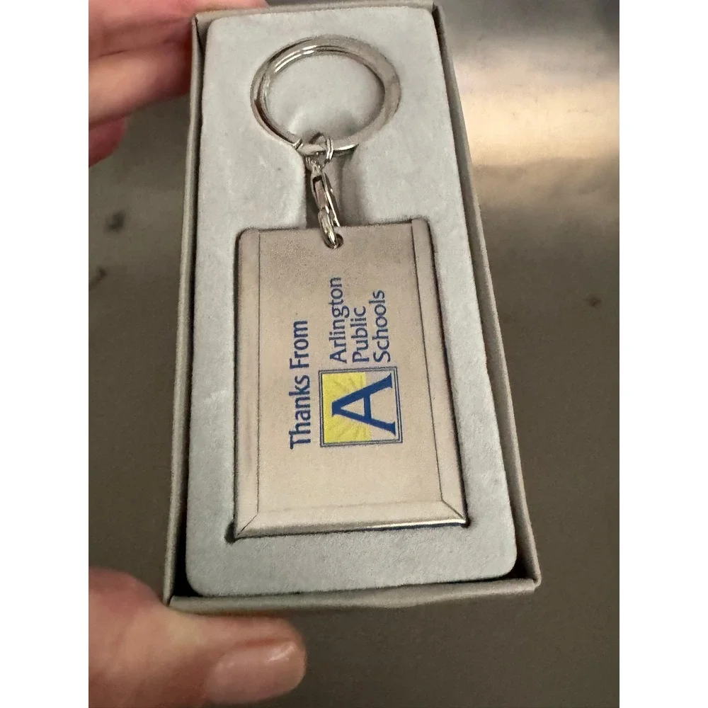 Arlington Public Schools Metal Keychain ID Tag Gift Boxed Silver Tone Logo